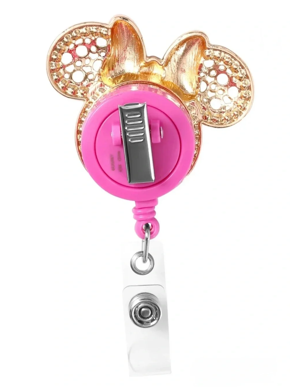 ❤️ NWT Minnie Micky Mouse Style Badge Reel Pink Glitter Bow Office Accessories